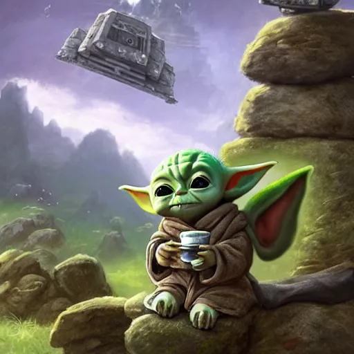 Prompt: an extremely cute (baby yoda) sitting on lichen covered ancient boulders and singing songs and has a tea party, in the far background up in the sky an outline of Darth Vader's TIE fighter approaches, mischievous, inquisitive, devious, hilarious, funny, by Tyler Edlin