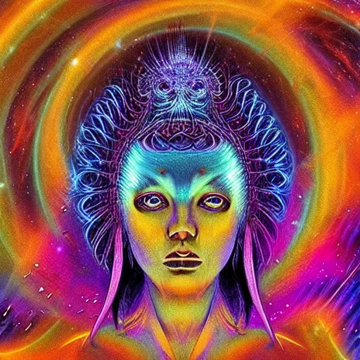 Prompt: “photo of a beautiful extraterrestrial woman goddess, psychedelic, dmt, lsd, epiphany, fractals, alien forms, organic, acidic, acid, 8k”