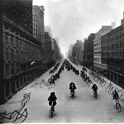 Prompt: old black and white photo, 1 9 1 3, depicting batcycle from dark knight rampaging through the bustling streets of new york city, rule of thirds, three - point perspective, historical record