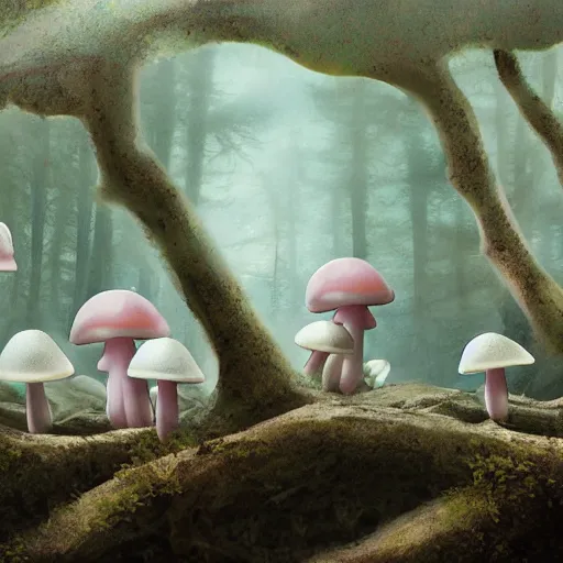 Image similar to leucistic Axolotls in an eerie mushroom forest, matte painting