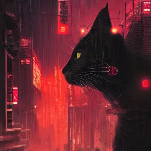 Prompt: a detailed matte painting of a black cat with red led eyes, the cat is in a intricately detailed neo cyberpunk Japanese city, the angel of death with a halo, by Ismail Inceoglu , concept art, featured on cgsociety
