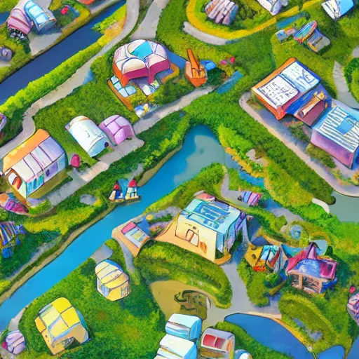 Image similar to solarpunk village, studio ghibli, anime, award winning, aerial shot, sunny