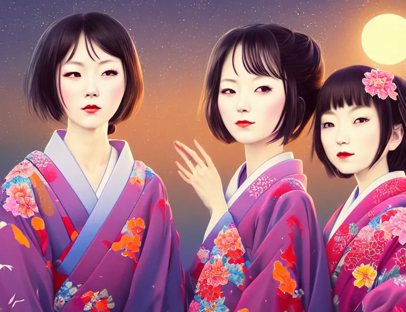 Image similar to two beautiful charming japan girls wear arty kimono in festival | | sunny night, full moon, dreamlike art, realistic shaded, smile, good looking, hyper details, 4 k realistic, cryengine, realistic shaded lighting poster by ilya kuvshinov, fuji choko, ross tran, 8 k resolution, trending on artstation, luxury