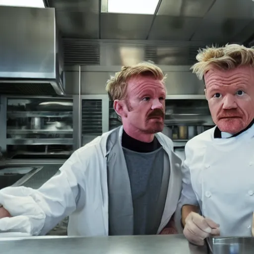 Prompt: walter white in a stareoff with gordon ramsay, high quality image