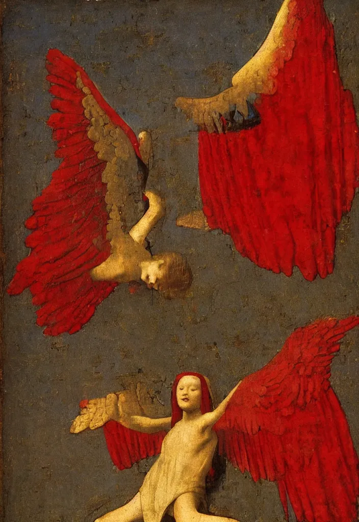 Image similar to Flying Fallen Angel with wings dressed in red, Medieval painting by Jan van Eyck, Johannes Vermeer, Florence