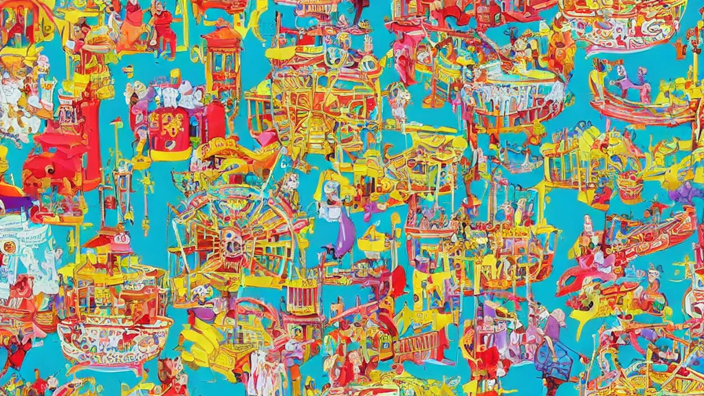 Image similar to carnival town, the horror carnival drawn in the style of a children's book. ferris wheel, circus tent, and carousel. disney style. cutesy, fun, and bright. color harmony, 8 k detail, gallery quality, hd wallpaper, premium prints available, hyper - detailed, intricate design.