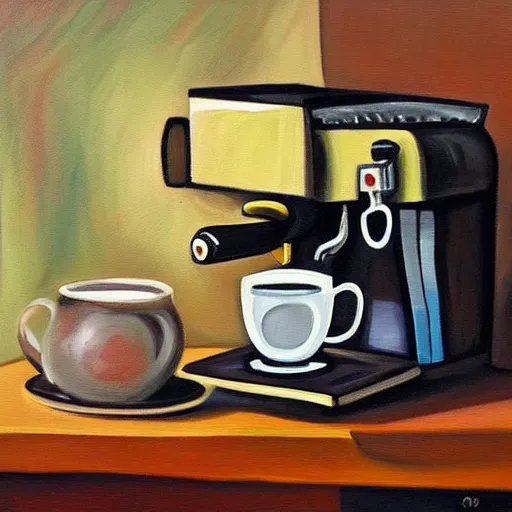 Prompt: a painting of an espresso machine that makes coffee from human souls