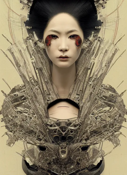 Image similar to portrait of a seductive cyberpunk geisha, yakuza, modern fine art, fractal, in the style of ghosts in the machine, intricate ornaments, elegant, highly detailed, digital photography, subsurface scattering, by mc escher and greg rutkowski,