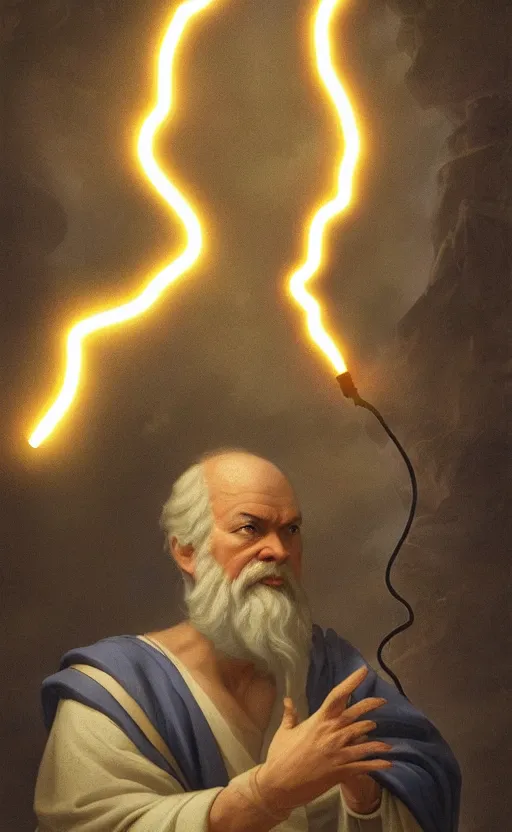 Prompt: Socrates casting an electricity spell. Digital art trending on artstation. 4k. Tyndall effect.