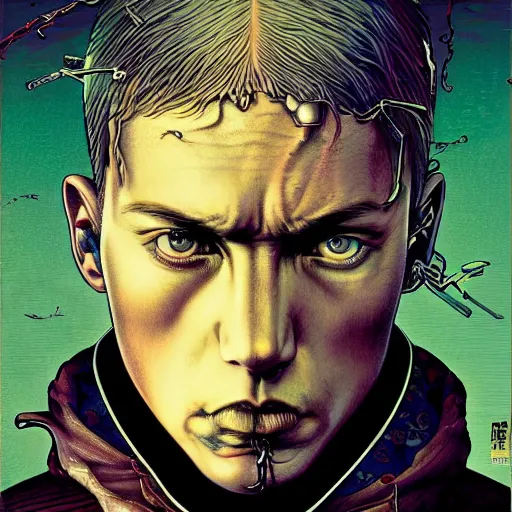 Image similar to portrait of crazy eminem, symmetrical, by yoichi hatakenaka, masamune shirow, josan gonzales and dan mumford, ayami kojima, takato yamamoto, barclay shaw, karol bak, yukito kishiro