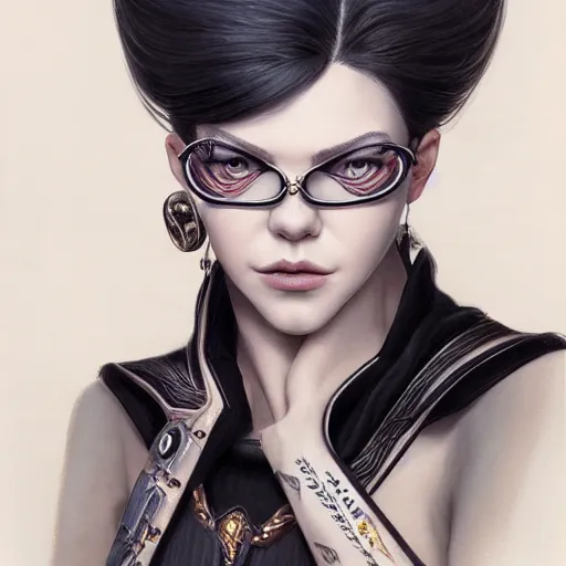 Image similar to a portrait a older anya taylor - joy as bayonetta, urban motifs, intricate, elegant, highly detailed, digital painting, trending on artstation, concept art, smooth sharp focus, illustration, art by artgerm and greg rutkowski