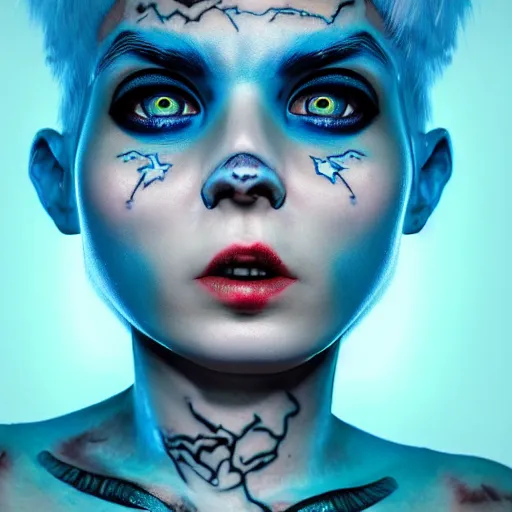 Image similar to crazy girl with large dazzling blue cybernetic eyes, character portrait, short white hair, pixie nose, mythic glowing blue tattoos, creepy, photorealistic, cinematic composition, hyper real, upscaled, ultra detailed