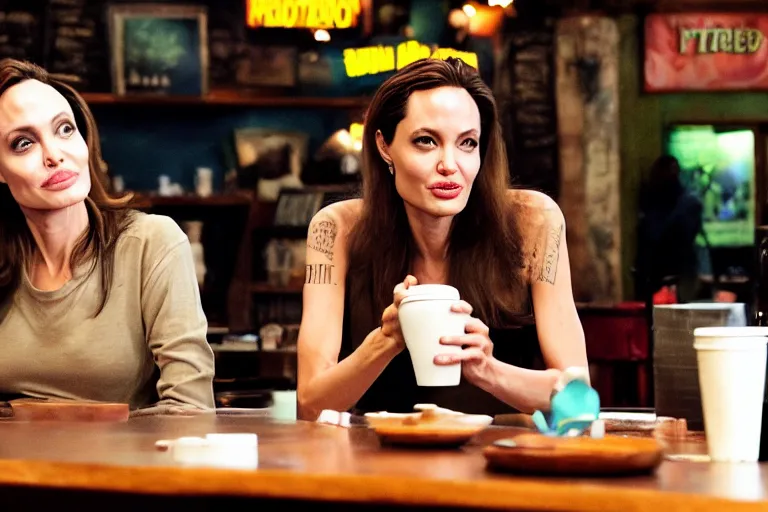 Image similar to angelina jolie and the predator, best friends, drinking coffee at central perk, still photo, hyperrealistic, 35mm, 8k, by weta digital