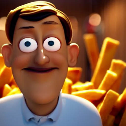 Image similar to photo of [ a single french fry chip ] shaped into stephen fry as a pixar character hybrid intercross mix cinematic lighting