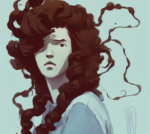 Image similar to portrait man with long red curly hair, by atey ghailan, by greg rutkowski, by greg tocchini, by james gilleard, by joe fenton, by kaethe butcher, by ashley wood, dynamic lighting, gradient light blue, brown, blonde cream and white color scheme, grunge aesthetic