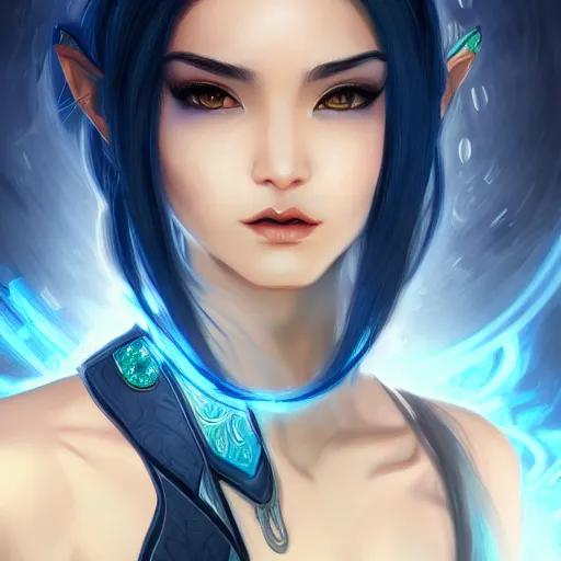 Image similar to closeup portrait of a young asian Cyberpunk woman with dark blue hair, fantasy, intricate, elegant, highly detailed, digital painting, artstation, concept art, matte, sharp focus, illustration, hearthstone, art by Artgerm and Gred Rutkowski and Alphonse Mucha