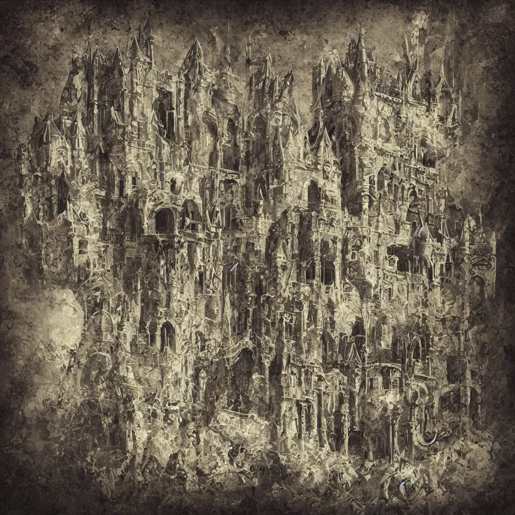 Image similar to an electronic music concert being held inside a medieval castle, album back cover, high detail texture