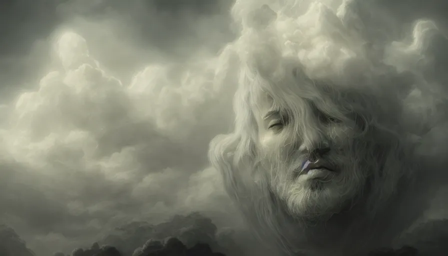 Image similar to face in the clouds, face made out of clouds, fantasy, dramatic, intricate, elegant, highly detailed, digital painting, artstation, concept art, smooth, sharp focus, illustration, art by gustave dore, octane render