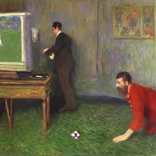 Image similar to monet painting of a man playing warzone on a computer, a soccer ball falls on his head, highly detailed, realistic,