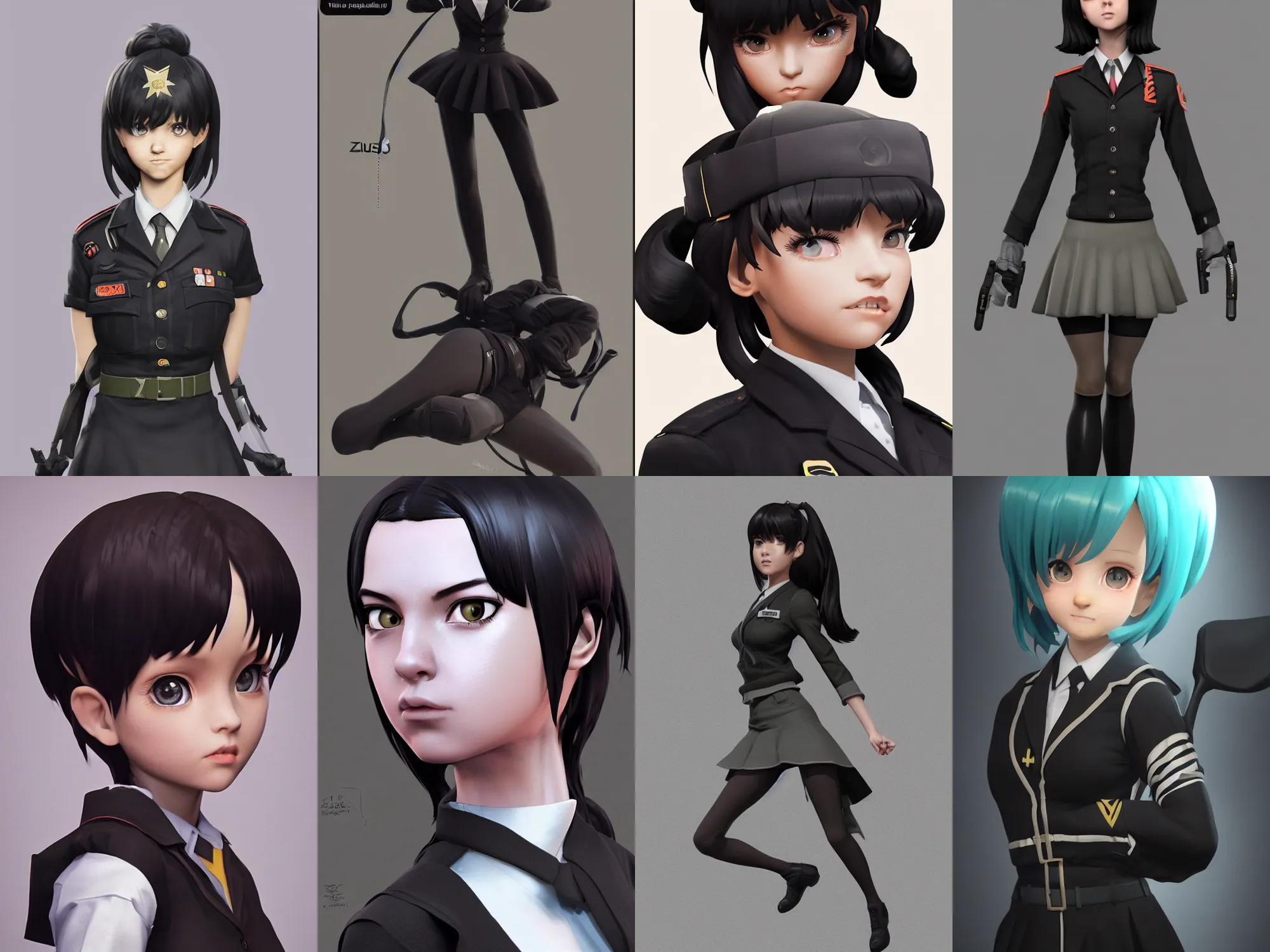 Prompt: Zbrush sculpt colored, Octane render in Maya and Houdini VFX, cute and sexy schoolgirl, worksafe, in black military uniform, black silky hair, black stunning deep eyes. By ilya kuvshinov, krenz cushart, Greg Rutkowski, trending on artstation. Amazing textured brush strokes. Cinematic dramatic soft volumetric studio lighting