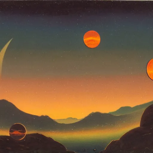 Prompt: evening landscape with two planets in the sky, ( ( ( retrofuturism ) ) ),