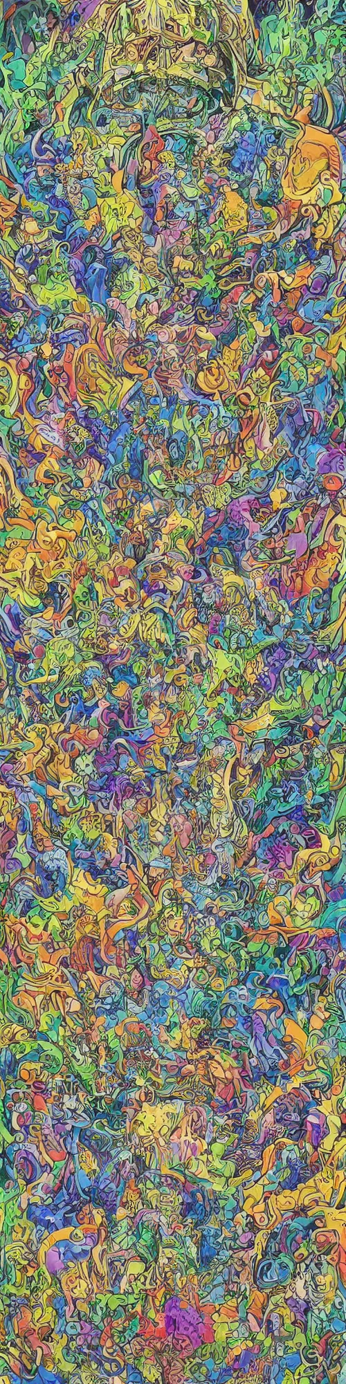 Prompt: angelic dragons and easy going turtles dissolving into melted liquid braids, cubensis, aztec, basil wolverton, r crumb, hr giger, mc escher, dali, muted but vibrant colors, rainbow tubing, exposed gold wires, graffiti