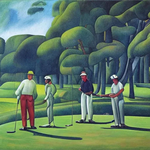 Image similar to Three golfers on a beautiful golf course, by Diego Rivera