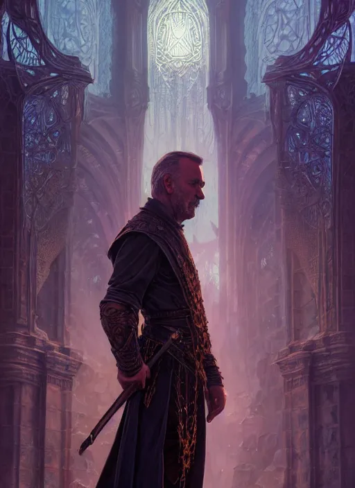 Image similar to kevin costner as oscar diggs, intricate, d & d, wizard, powerful, fantasy, art nouveau, digital painting, trending on artstation, sharp focus, wide shot, illustration, global illumination, ray tracing, art by artgerm and greg rutkowski and ruan jia