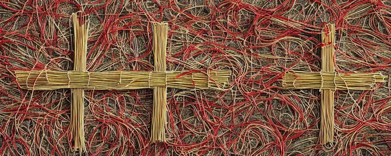 Image similar to a cross made out spaghetti, worn by knights in the crusades, kodachrome, in the style of wes anderson