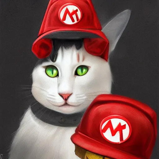 Image similar to Portrait of a Cat wearing a red Super Mario hat, kawaii aesthetic, nintendo, box art, highly detailed, digital painting, artstation, concept art, smooth, sharp focus, illustration, art by artgerm and greg rutkowski and alphonse mucha