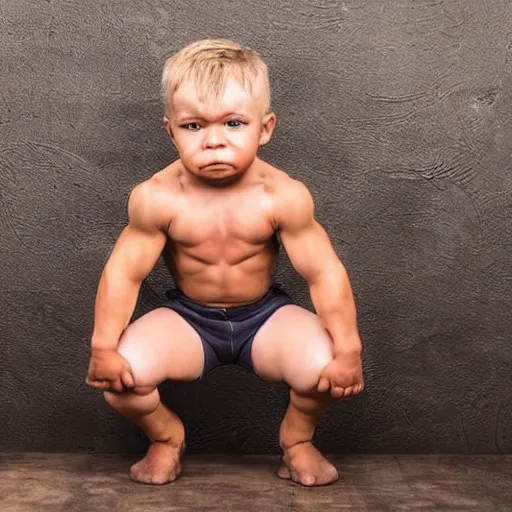 Prompt: huge muscles bodybuilder toddler, angry, ready to fight, 2 years old, barrel chested, rippling muscles, huge veins, bulging muscles, ripped, award winning photography, high detail