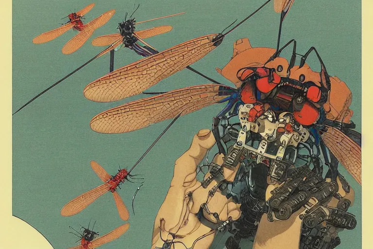 Image similar to gigantic dragonflies with human faces catch tiny robots, a lot of exotic mechas robots around, human heads everywhere, risograph by kawase hasui, dirtyrobot, edward hopper, satoshi kon and moebius, colorful flat surreal design, super - detailed, a lot of tiny details, fullshot