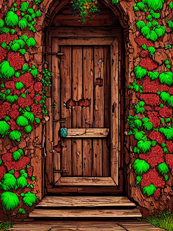 Prompt: professional digital art detailed old wood and rust castle door entrance flowers with path outside cgsociety behance by Dan Mumford