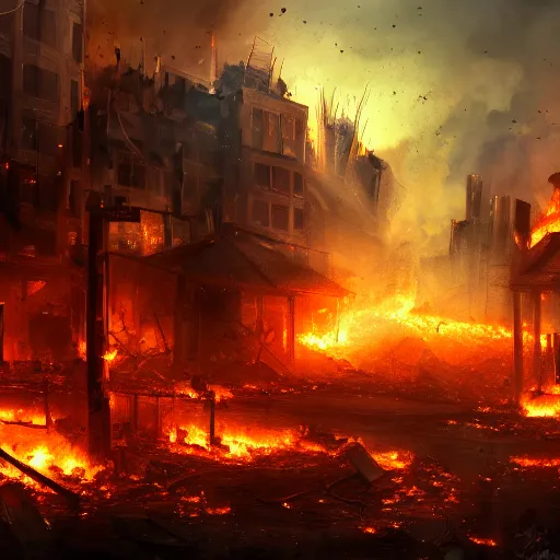 Prompt: a scene of utter destruction, with fires burning and buildings collapsing. painting, digital art, harsh lighting, 4 k hd wallpaper, trending on art station, apocalyptic