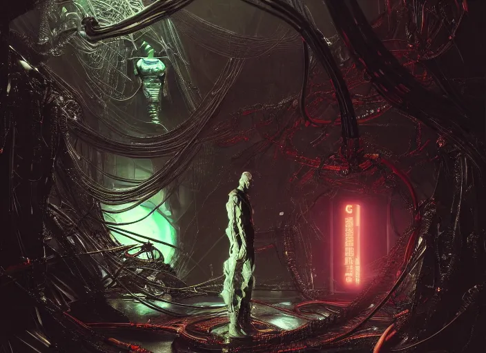 Image similar to a mysterious translucent space alien, neon wired tubing, eerie shimmering surroundings, concept art, intricate, detailed, award - winning, cinematic, octane render, 8 k, photorealistic, by tsutomu nihei, by emil melmoth, by gustave dore, by craig mullins, by yoji shinkawa