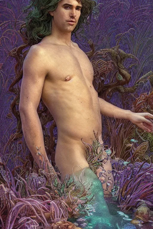 Image similar to photorealistic portrait photograph of stephen hillenburg as an ethereal aquatic merman, upper body, fantasy, handsome, depth of field, soft focus, highly detailed, intricate, realistic, national geographic cover, soft glow, textured, artstation, concept art, sharp focus, illustration, art by artgerm and greg rutkowski and alphonse mucha