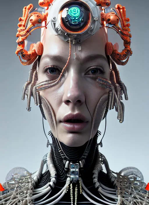 Image similar to portrait of an absurdly ugly, awful disgusting, sophisticated, fashionable cyberpunk mechanoid, hyperdetailed illustration by irakli nadar and alexandre ferra, intricate linework, white porcelain skin, faberge, coral headdress, unreal engine 5 highly rendered, global illumination, radiant light, detailed and intricate environment