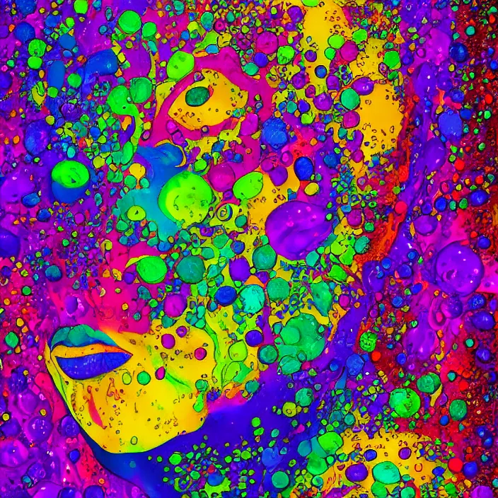 Image similar to illustration of a colorful melting human head. acrylic bubbles and flowers, ferrofluids, water distortions. intricate abstract. intricate artwork.