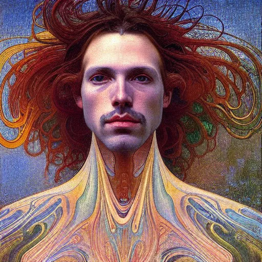 Image similar to realistic extremely detailed portrait painting of an average man ,futuristic , by Jean Delville, Amano, Yves Tanguy, Alphonse Mucha, Ernst Haeckel, Edward Robert Hughes, Roger Dean, rich moody colors, blue eyes