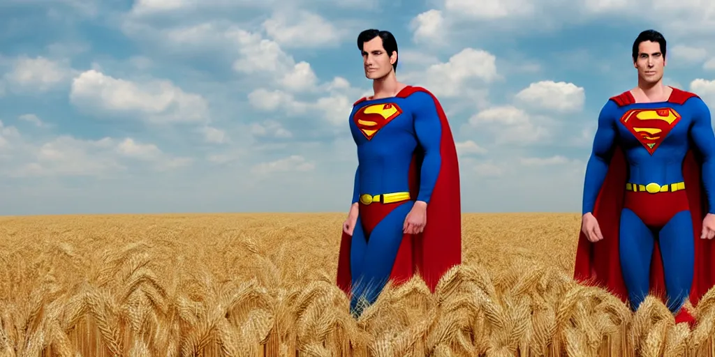 Image similar to superman is cutting wheat in a wheat field