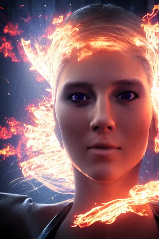 Prompt: young blonde woman playing with flames coming out of her eyes, cyberpunk, realistic, high definition, many details, dramatic scene, symmetrical face, realistic eyes, unreal engine art 5