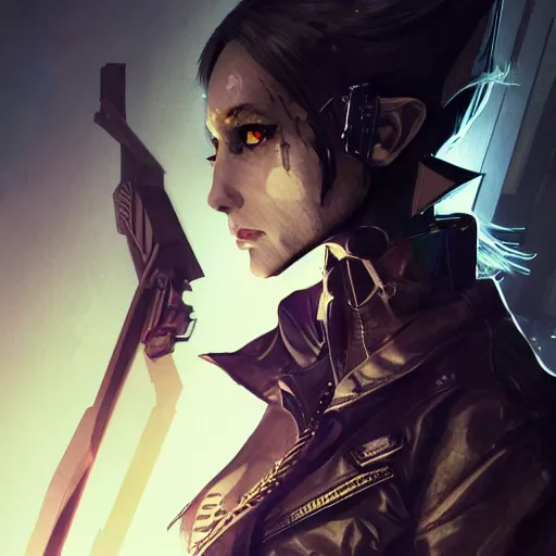 Prompt: full body portrait of an elf woman with elf ears wearing a leather jacket, cyberpunk digital art, dramatic lighting, illustration by Greg rutkowski, yoji shinkawa, 4k, digital art, concept art, trending on artstation