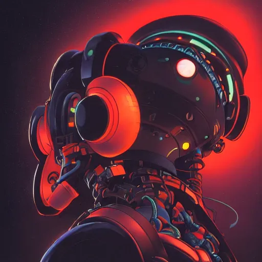 Image similar to a dark and colorful close - up side profile portrait of a sci - fi mecha robot with headphones, led lights glowing fog in the background. highly detailed science fiction painting by norman rockwell, frank frazetta, and syd mead. rich colors, high contrast, gloomy atmosphere, dark background. trending on artstation