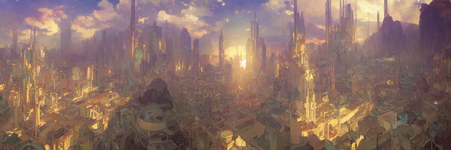 Prompt: A beautiful painting of a utopian city by Alfons Maria Mucha and Julie Dillon and Makoto Shinkai