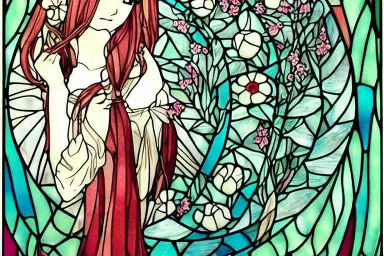 Prompt: very very beautiful cute anime girl, art nouveau, stained glass