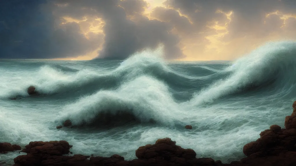 Image similar to first person view of breaking waves on the shore, summer, during a storm, sea breeze rises in the air, by andreas rocha and john howe, and Martin Johnson Heade, featured on artstation, featured on behance, golden ratio, ultrawide angle, f32, well composed