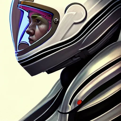 Prompt: sports helmet driver wearing a transparent visor helmet with big eye lashes with high detailed tattoos on neck, side profile on a racing car, highly detailed, digital painting, artstation, concept art, smooth, sharp focus, illustration by adrian smith