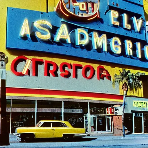 Prompt: color kodachrome photograph of an american city street in 1 9 6 6. neon sign, americana, parked cars, cinema, fire hydrant