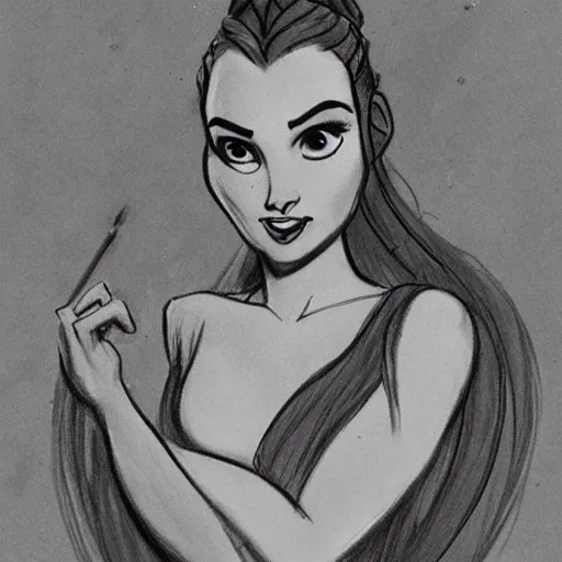 Image similar to milt kahl sketch of vanessa hudgeons with done up hair, tendrils covering face and ponytail as princess padme from star wars episode 3