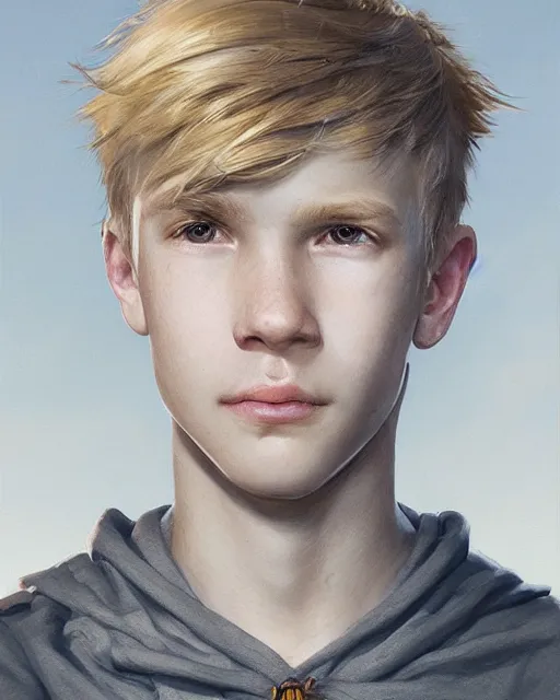 Image similar to portrait of 1 5 - year - old boy with blonde hair, round - face, and slightly buck - toothed, hyper realistic face, beautiful eyes, fantasy art, in the style of greg rutkowski, intricate, hyper detailed, smooth